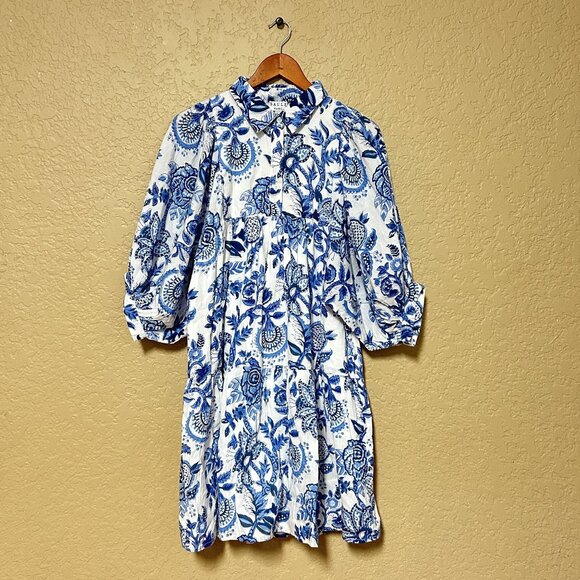 Saule Parc Womens Puff Sleeve Boho Dress Blue White Size Large - Picture 3 of 10